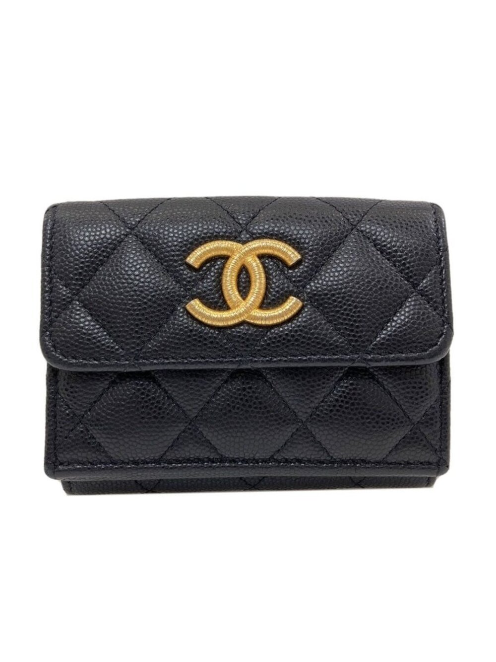 Chanel CC Logo Quilted Gold Bifold Wallet Gray Calfskin